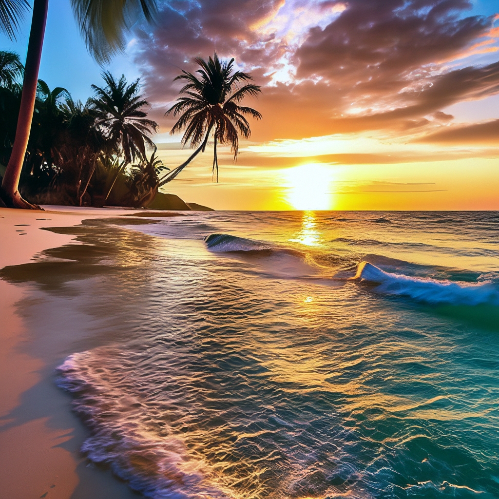 "Sand,sea,sap blue palm trees sunset ." - image created in Shedevrum