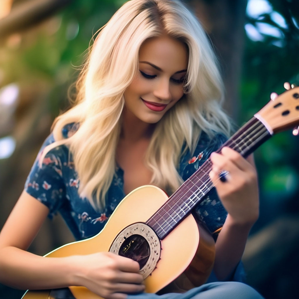Красивая девушка блондинка играет на…» — создано в Шедевруме