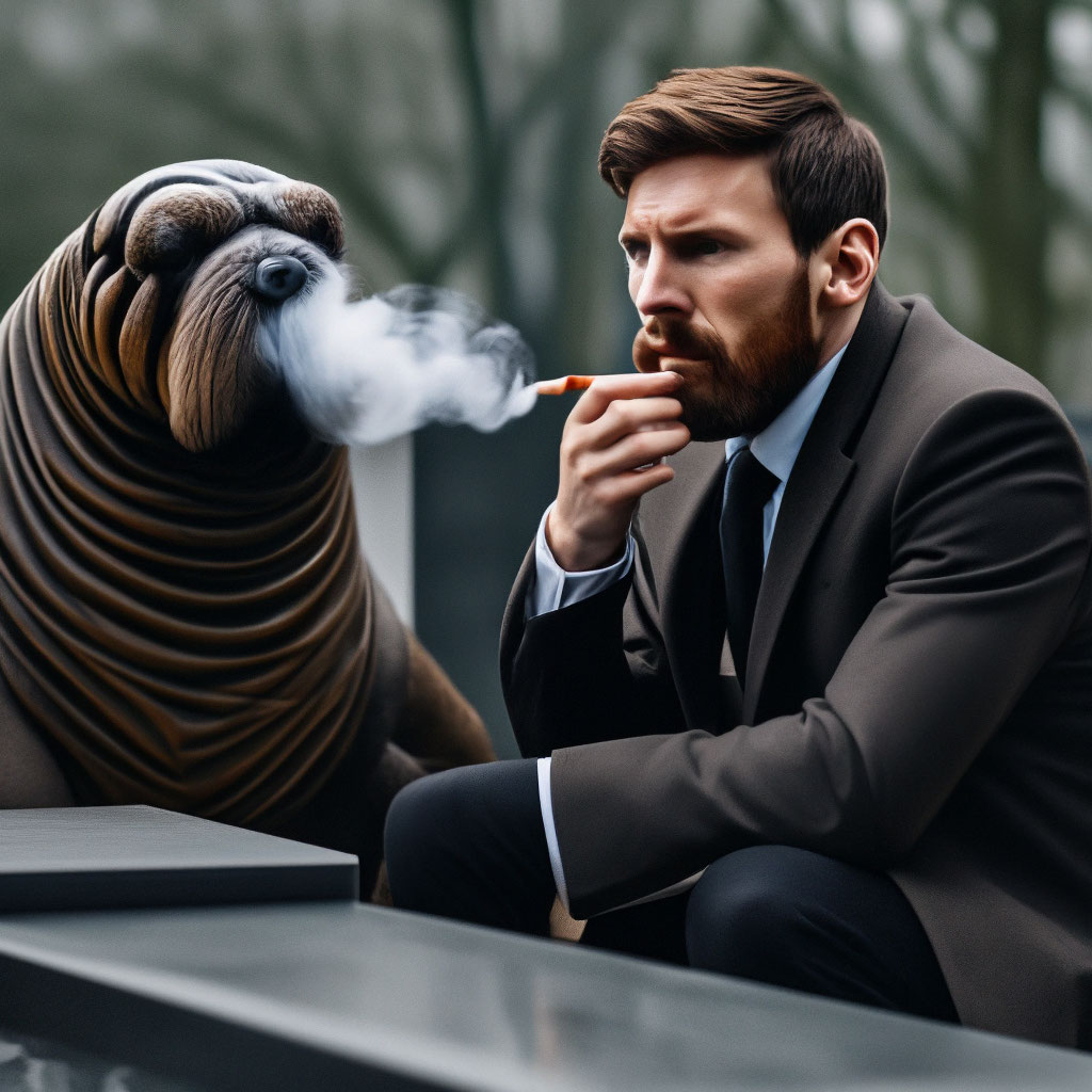 A business walrus smokes vape on the grave and next to Messi"  image  created in Shedevrum