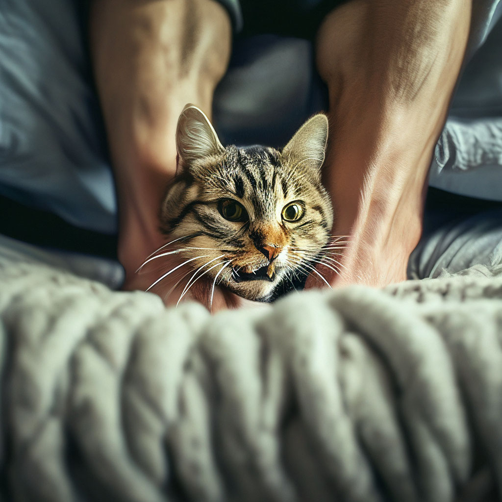 Кот кусает ноги человека под …» — создано в Шедевруме