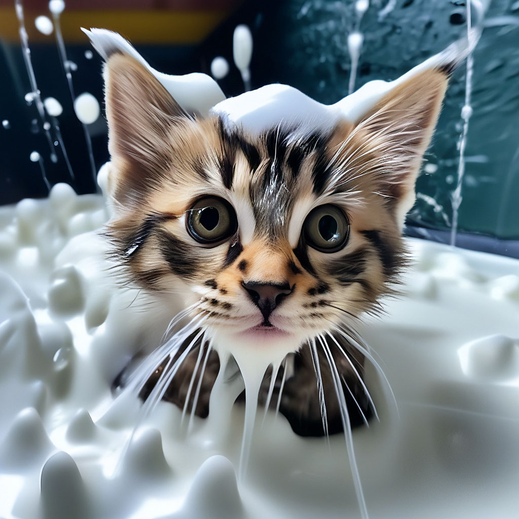 Очень мокрый котёнок в пене …» — создано в Шедевруме