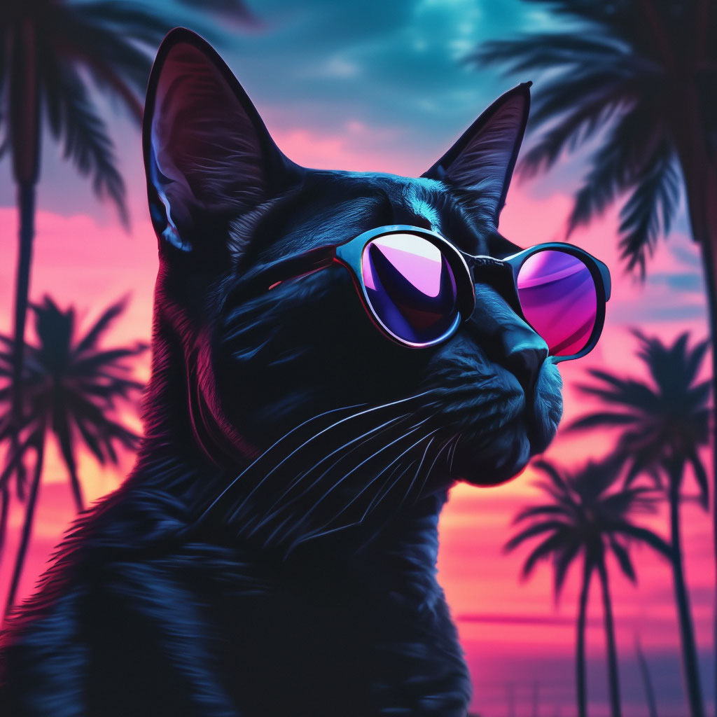 Черный кот в очках, Retrowave, …» — создано в Шедевруме