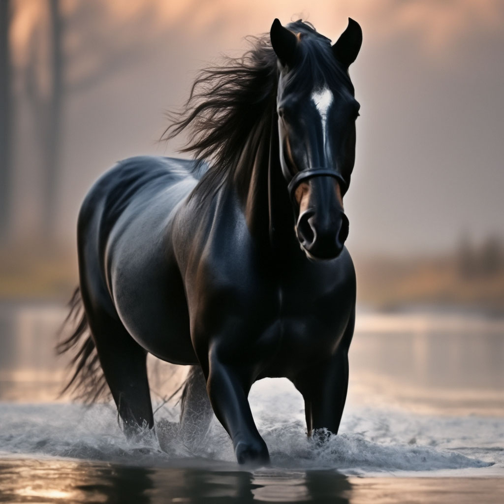 Черная лошадь стоит в тумане по …» — создано в Шедевруме