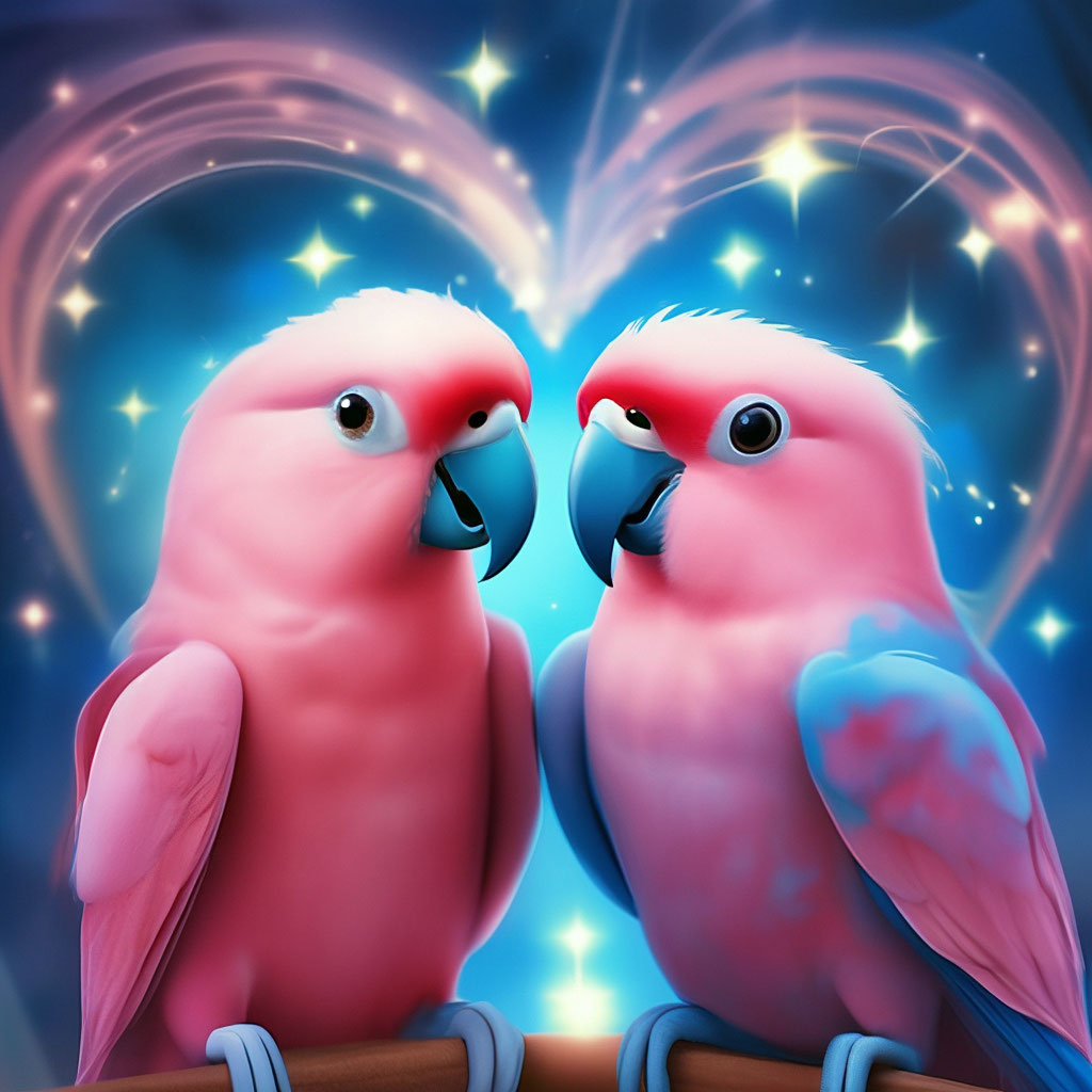 Два попугая стоят в форме сердца, …» — создано в Шедевруме