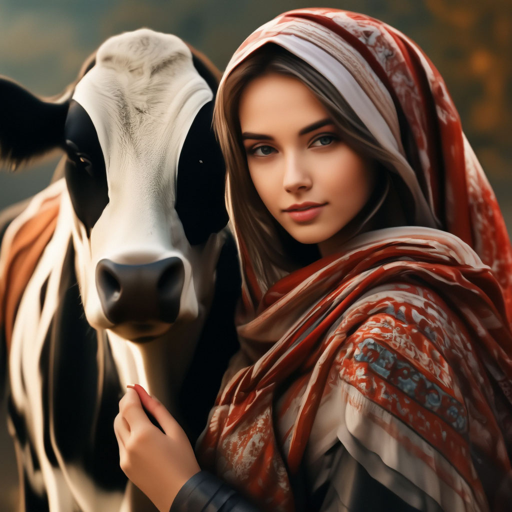 Красивая девушка в платке с коровой» — создано в Шедевруме