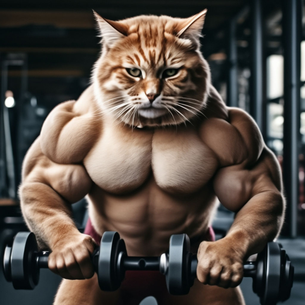 Накаченный мускулистый кот с гантелей» — создано в Шедевруме