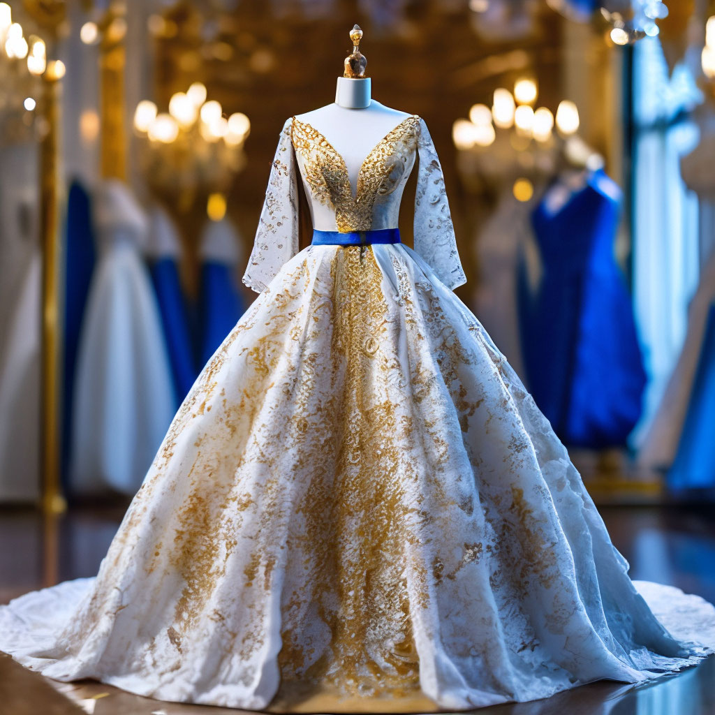 White puffy wedding dress made of lace like a princess with a gold pattern  and a blue diamond belt with sleeves on "  image created in Shedevrum