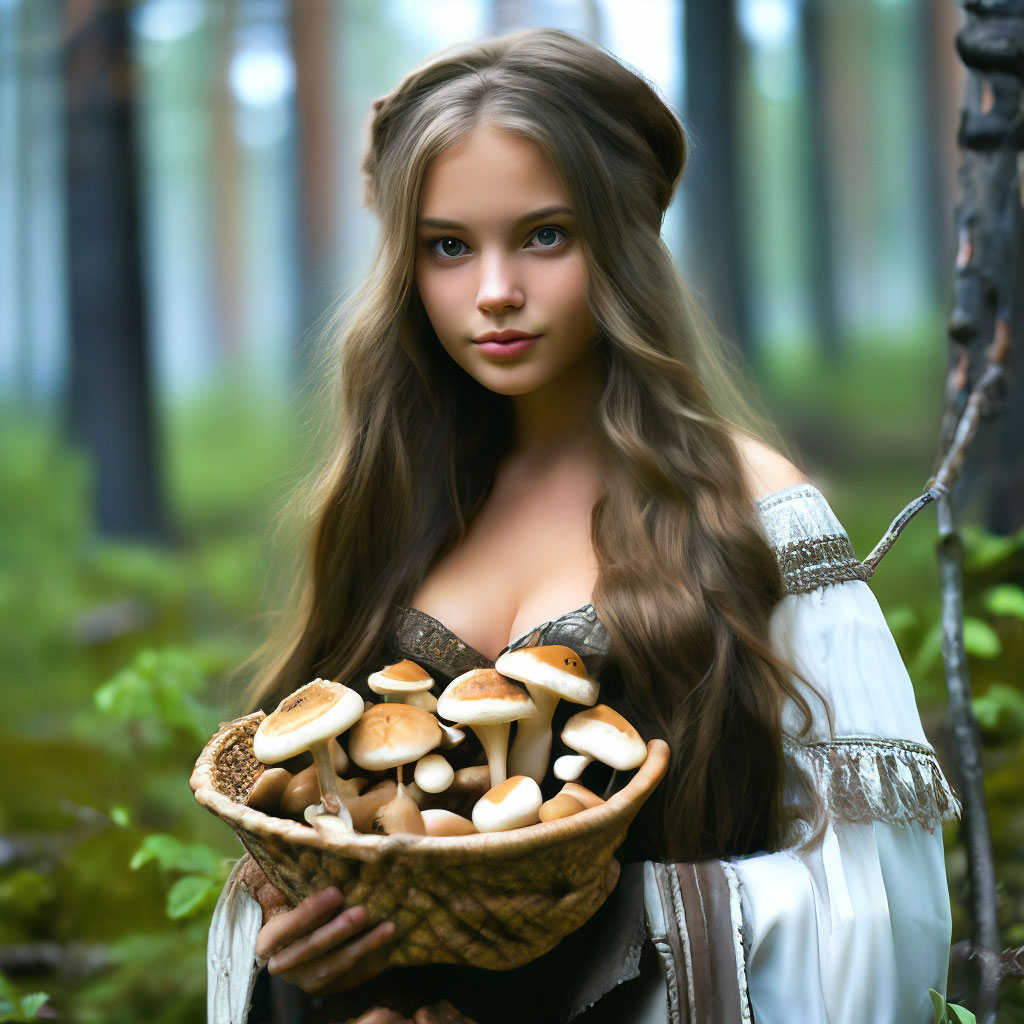 Отдых,прогулка. Красивая женщина в лесу одна собирает грибы