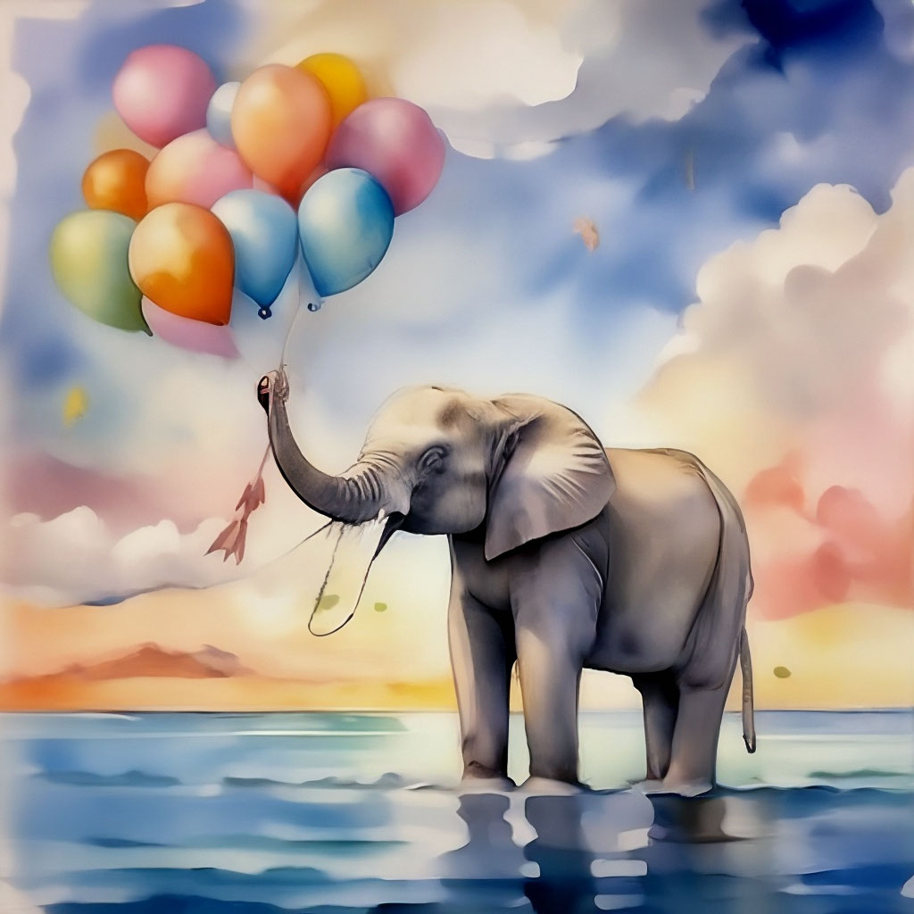 Малыш слоник с воздушными шариками - открытка