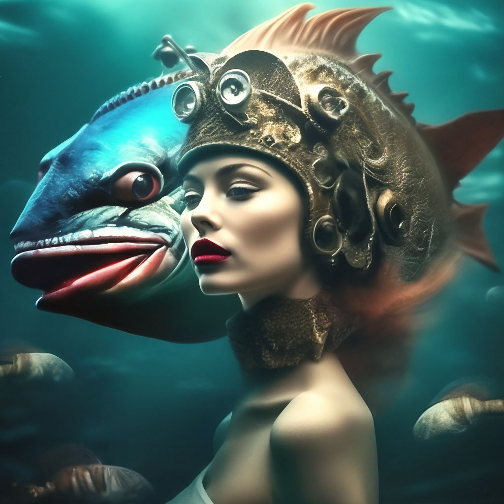 Красивая женщина с головой рыбы с …» — создано в Шедевруме