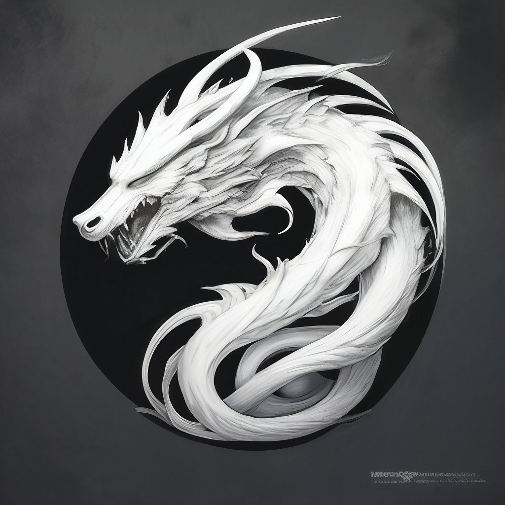 Белый извилистый дракон на черном …» — создано в Шедевруме