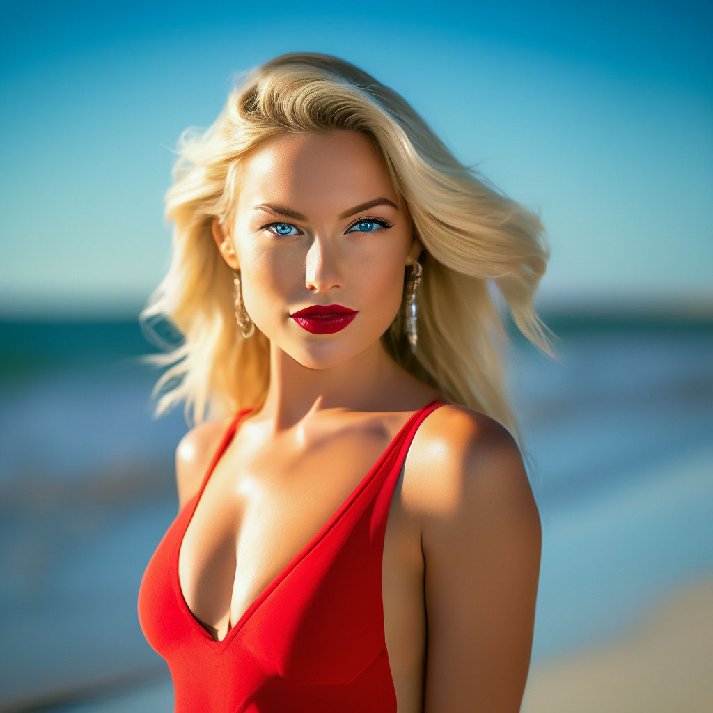 Blonde in red swimsuit