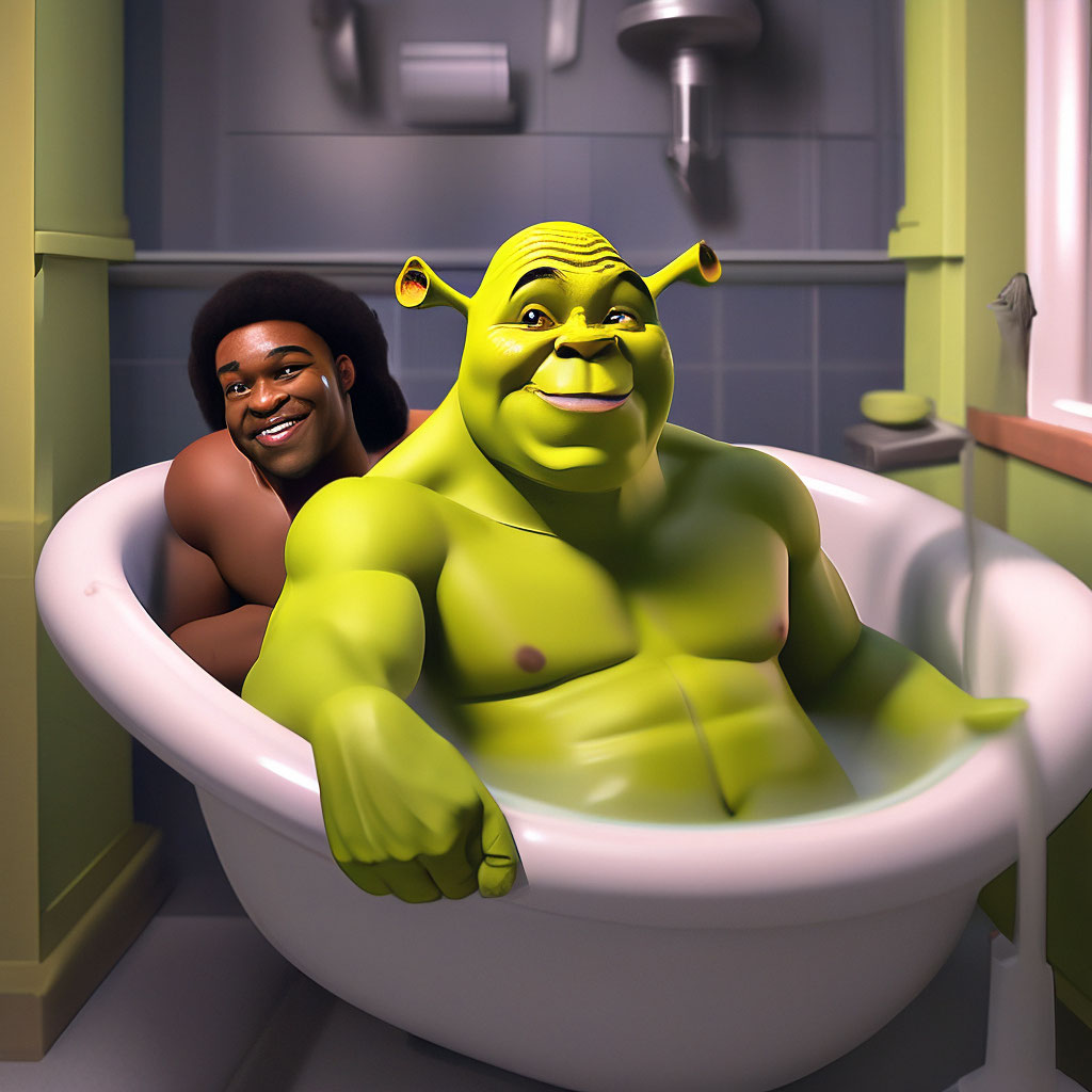 Shrek in the bathtub with a …