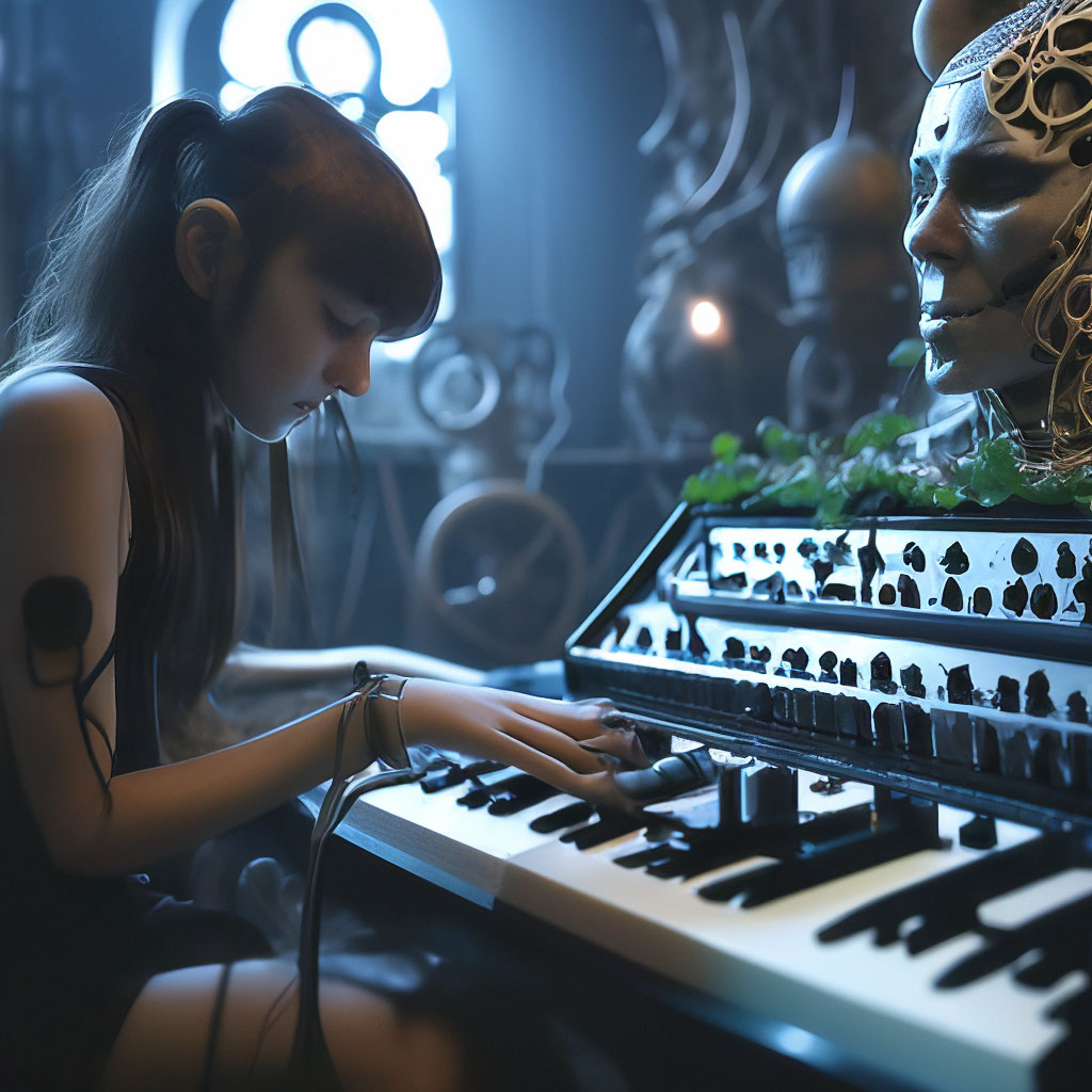 Девушка играет на модульном …» — создано в Шедевруме