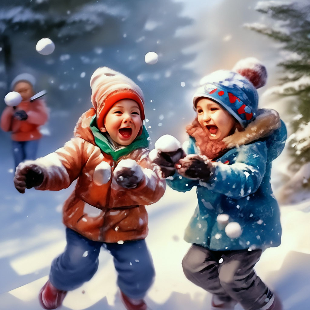 Веселые дети играют в снежки . …» — создано в Шедевруме