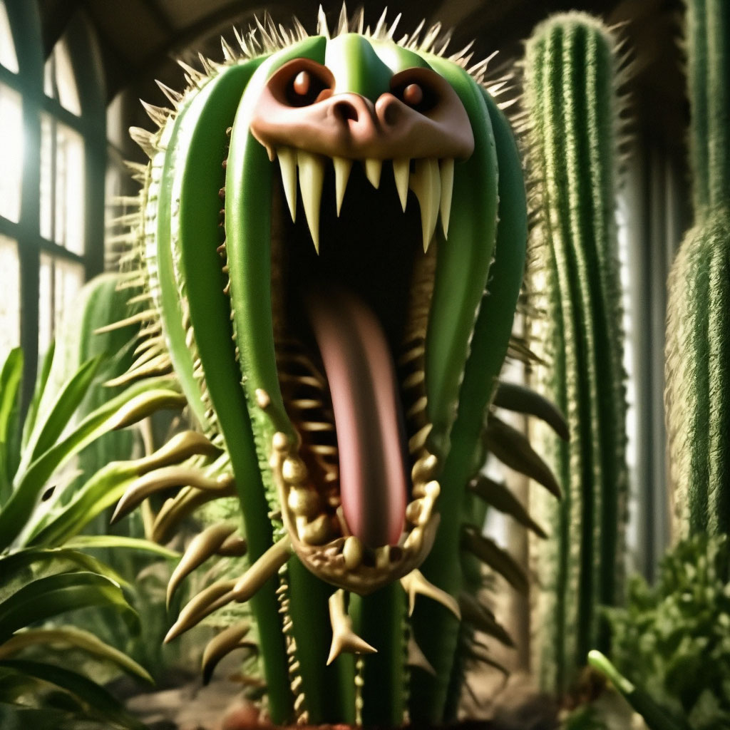 A giant cactus that eats everything and everything. Teeth, fangs, evil, "   image created in Shedevrum