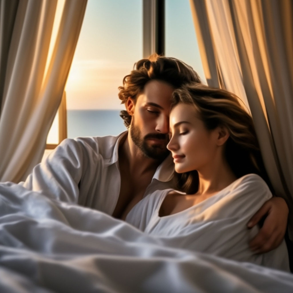 Фото Мужчина и девушка лежат вместе в постели