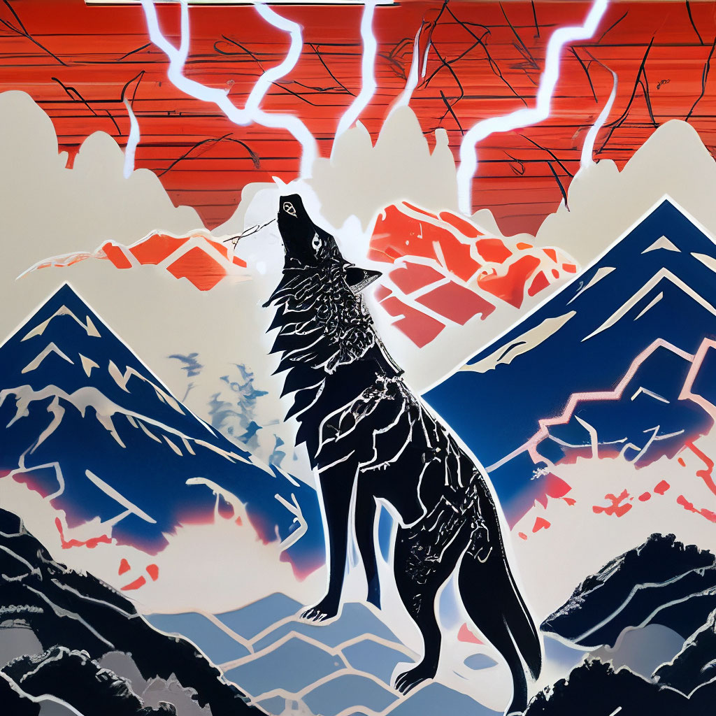 Волк из молний в горах в японском…» — создано в Шедевруме