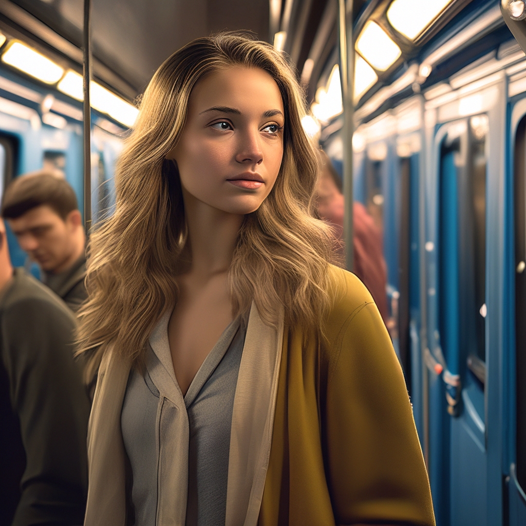 Красивая девушка в вагоне метро, во…» — создано в Шедевруме