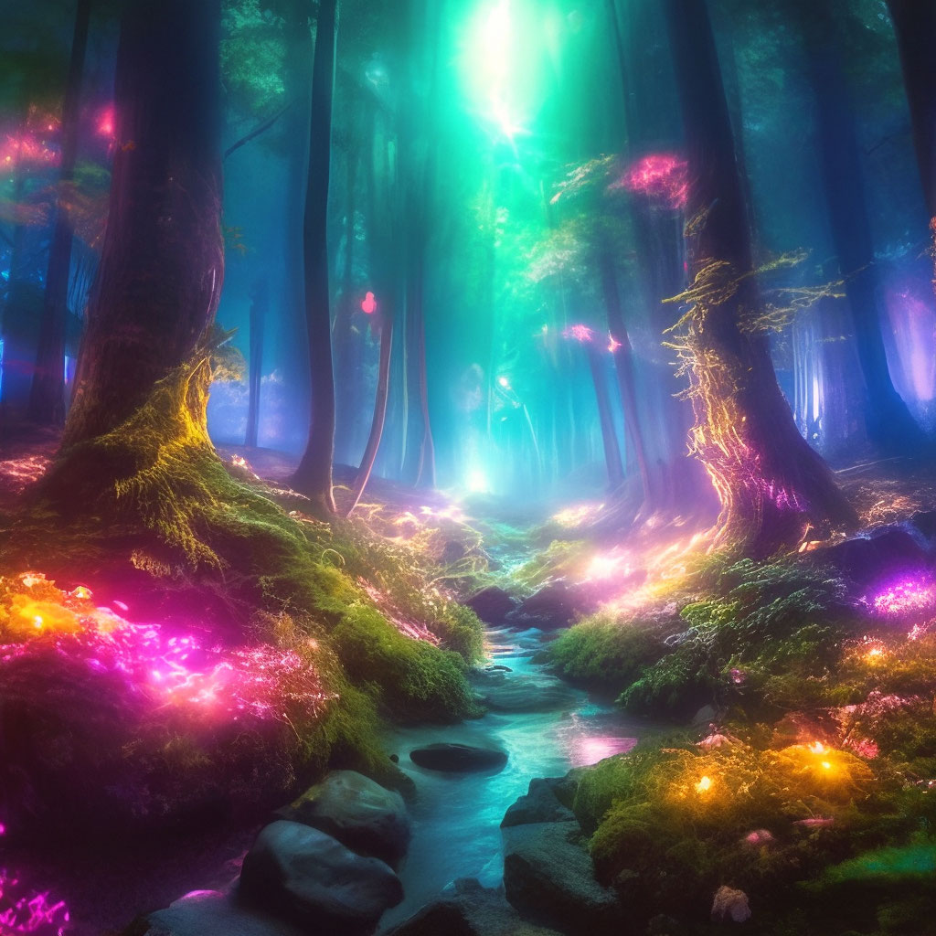 "A large magical forest with bright colors and glowing plants, mystic ...