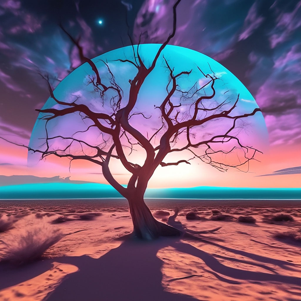 Сухое дерево в пустыне на фоне …» — создано в Шедевруме
