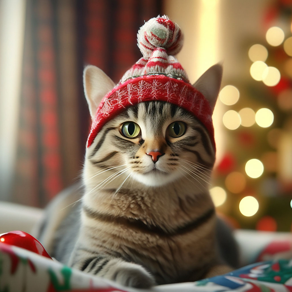 кот в новогодней шапке