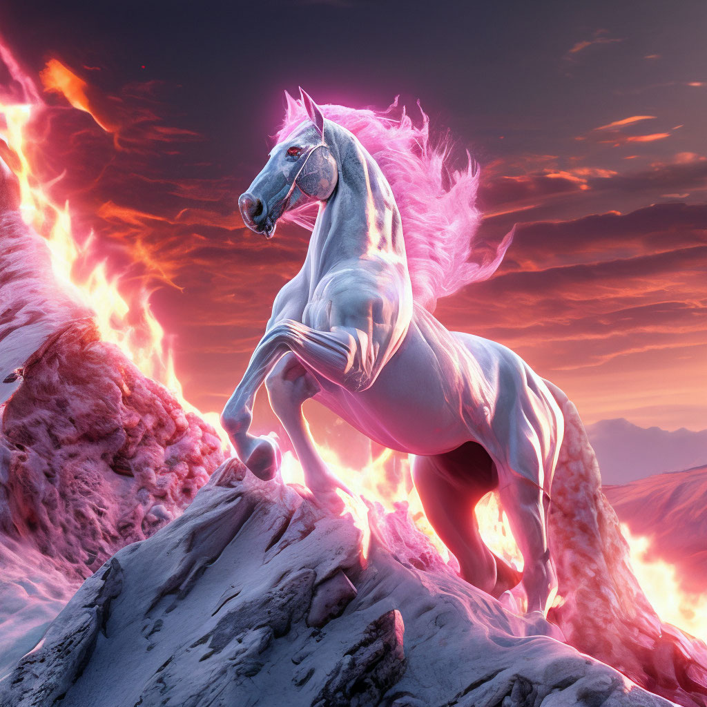 White Horse in pink fire on top of a mountain,Psychedelic, Color