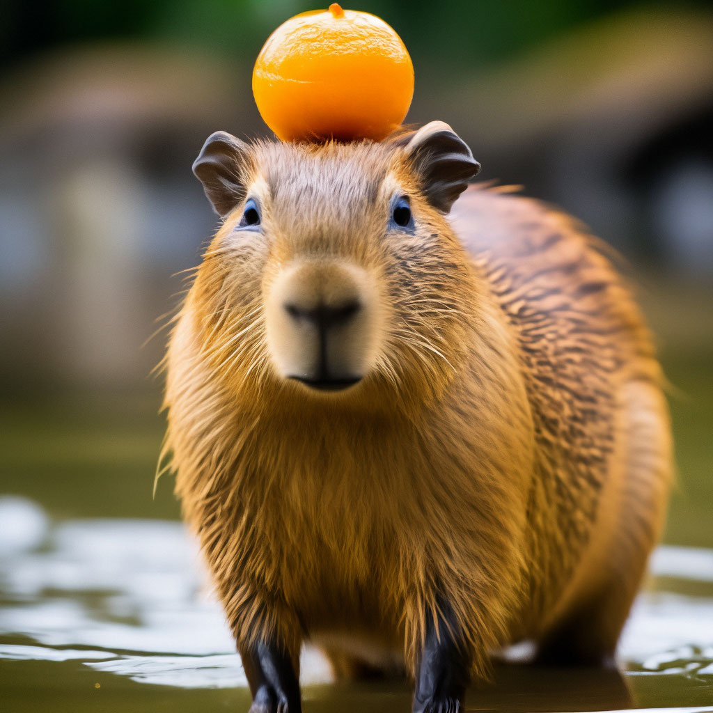 Капибара фото с мандарином "A capybara with an orange on its head" - image created in Shedevrum