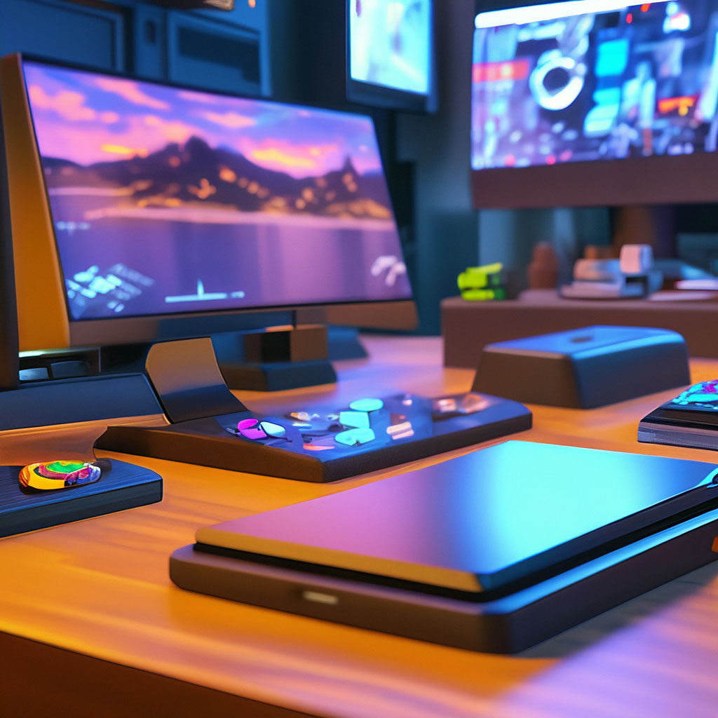 «Hyper realistic Computer desktop screen among CPU and mobile phones ...