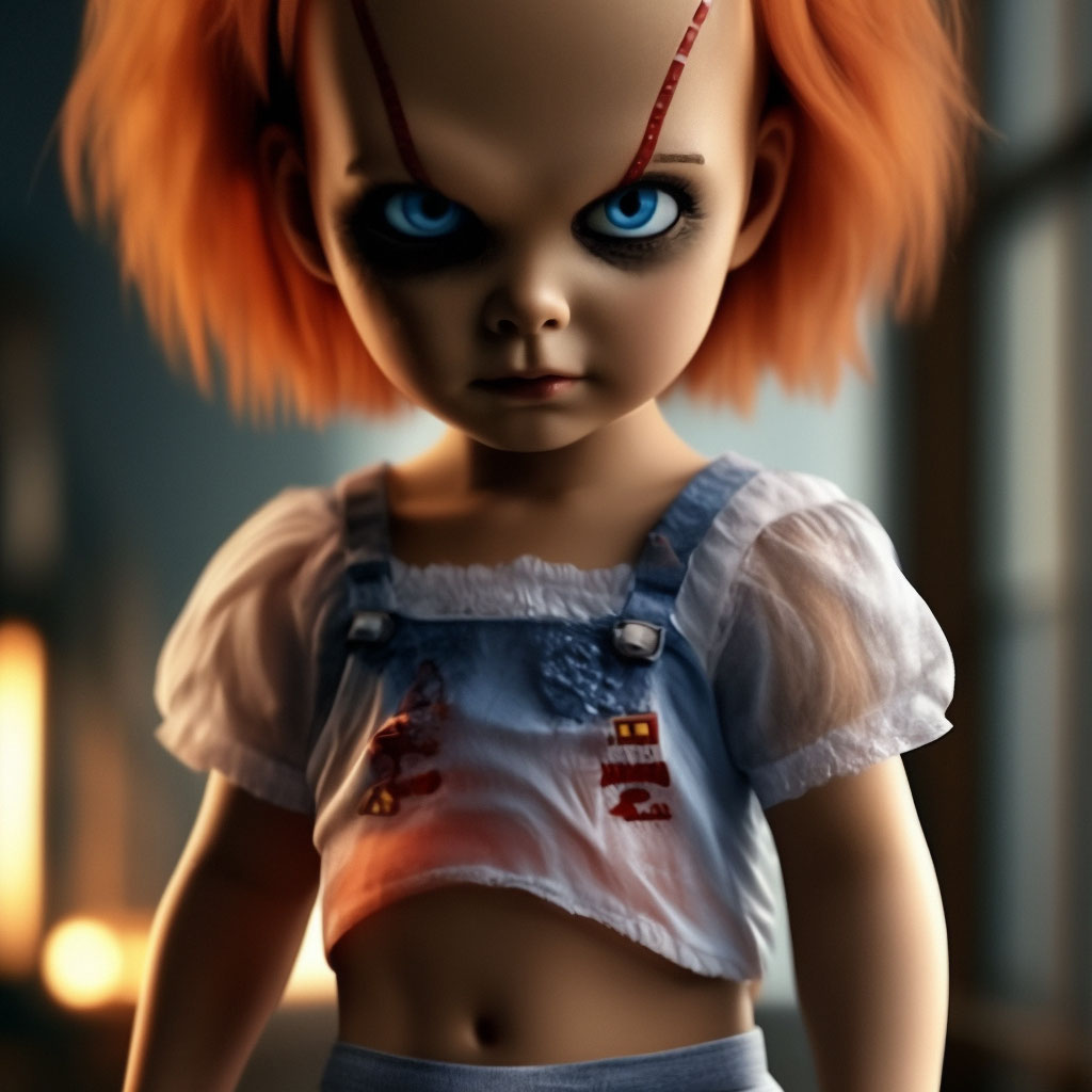 Chucky doll in translucent underwear