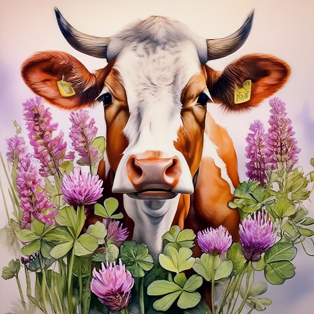 Клевер цветки и корова, акварель, …» — создано в Шедевруме