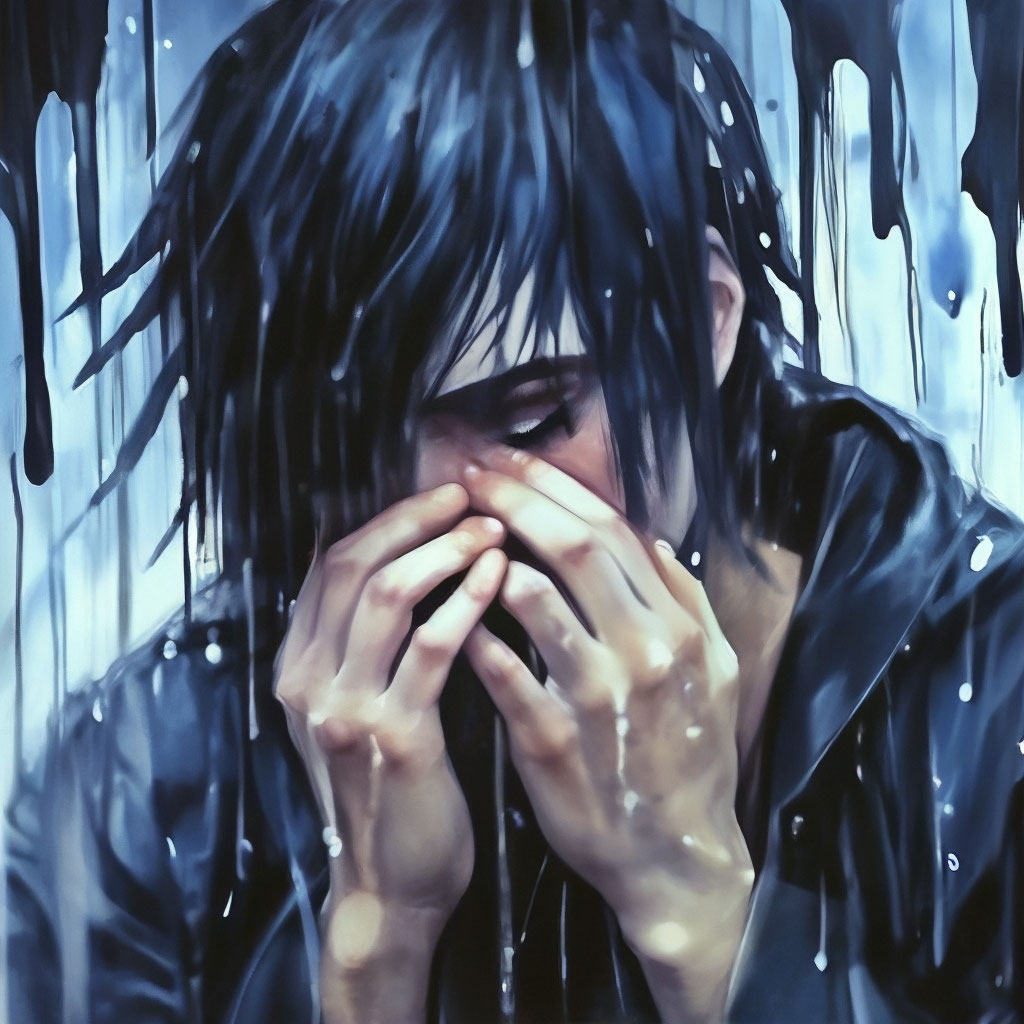Emo guy tears broken heart rain