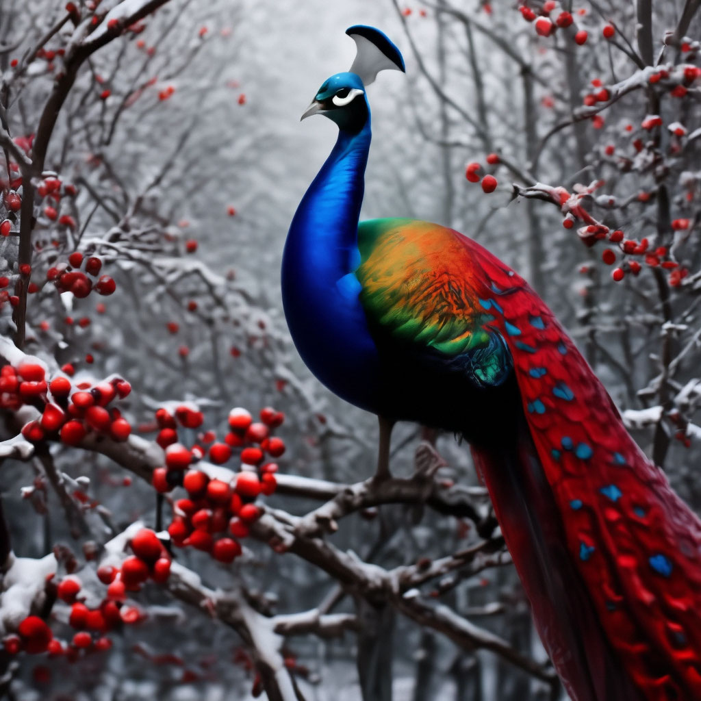 «Яркие павлины на заснеженных ягодных…» — создано в Шедевруме