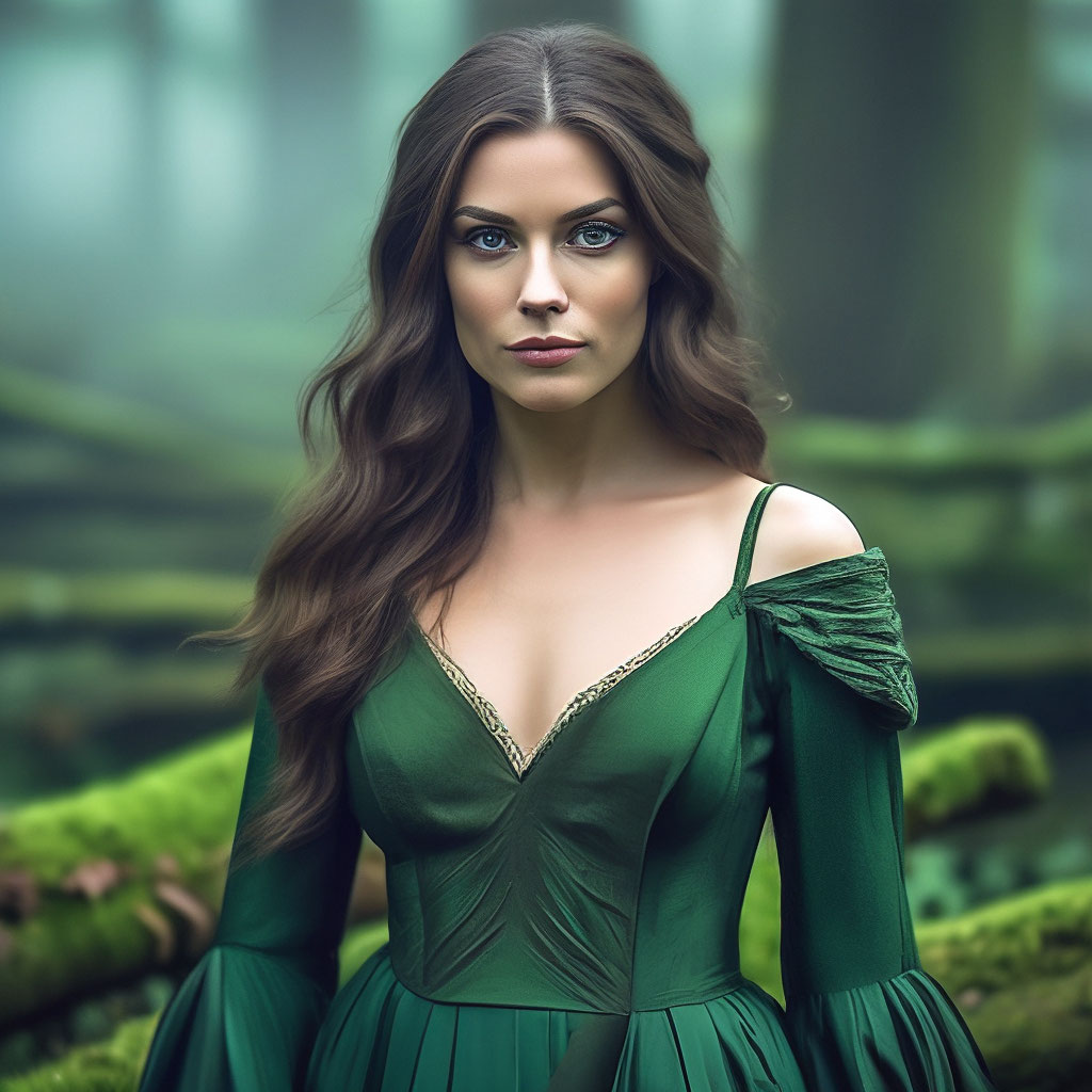 brown hair green dress A 29-year-old girl with and blue eyes is wearing a …