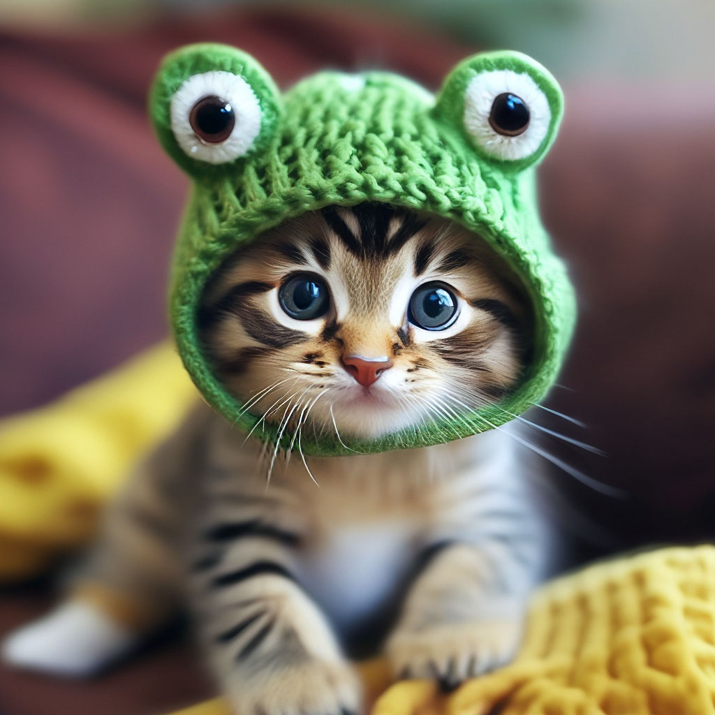 Милый котенок в шапке лягушки» — создано в Шедевруме