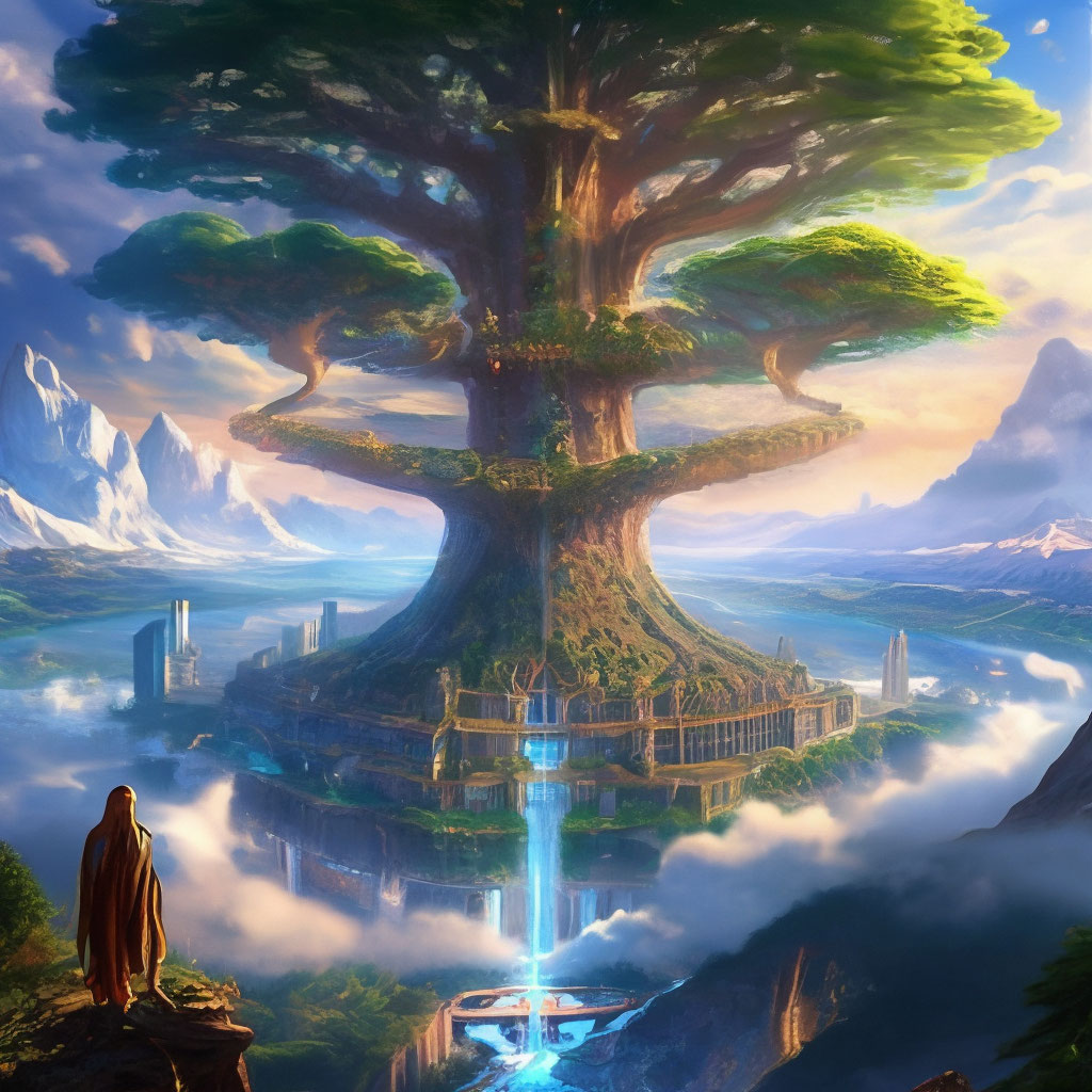 Hyperborea in the clouds, the city around the Yggdrasil tree