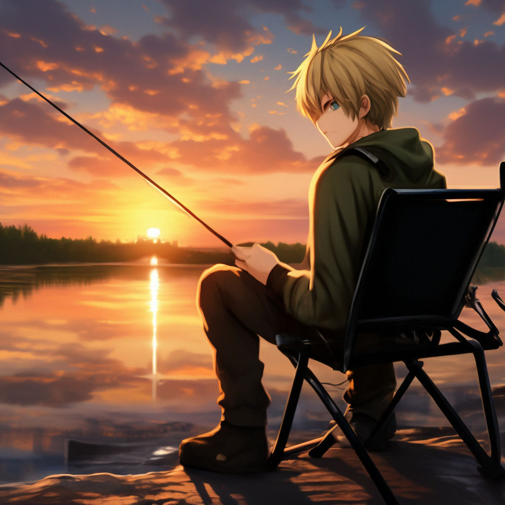 Anime guy with blonde hair fishing at sunset with a fishing rod on a feeder  chair ultra hd 4k quality"  image created in Shedevrum