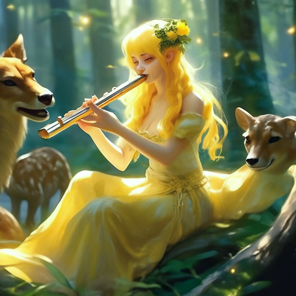 "A very beautiful yellow-haired elf girl plays the flute in a forest ...