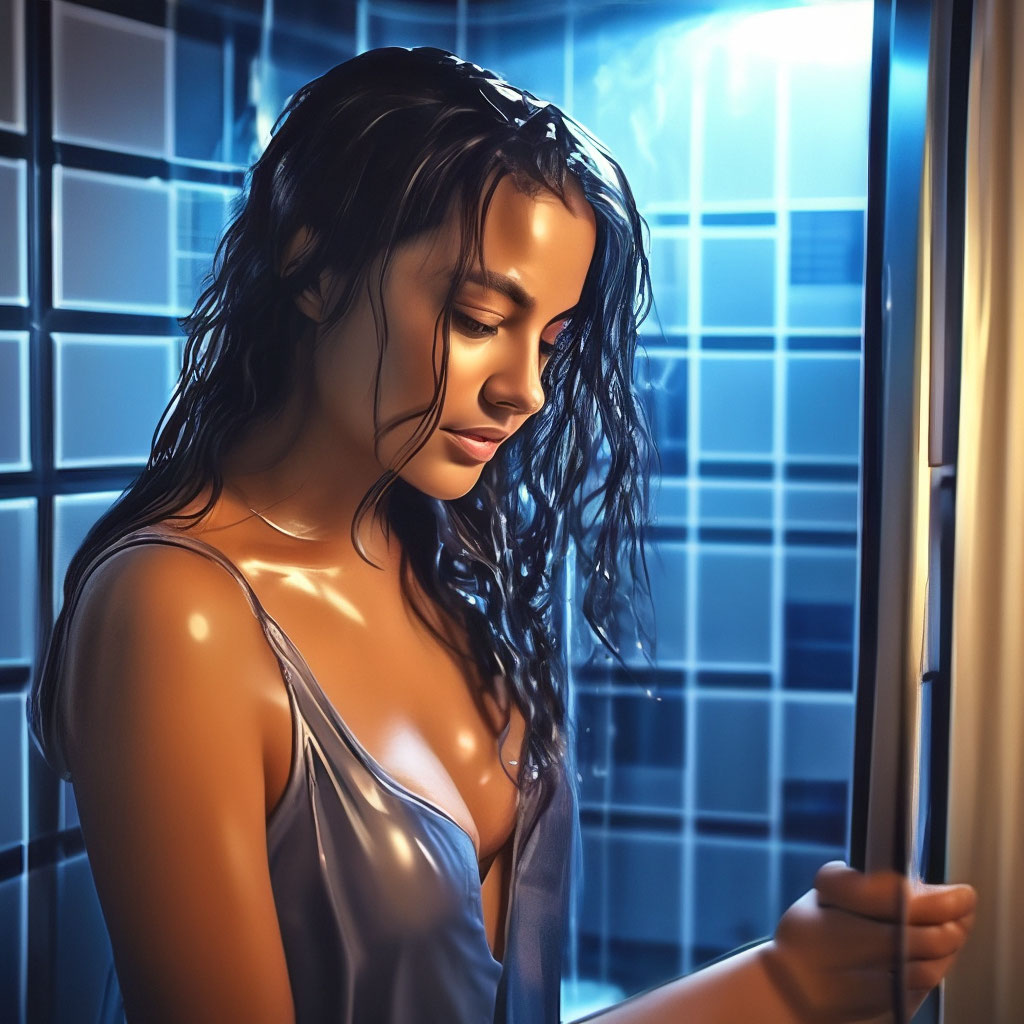 Красивая девушка принимает душ ночью» — создано в Шедевруме