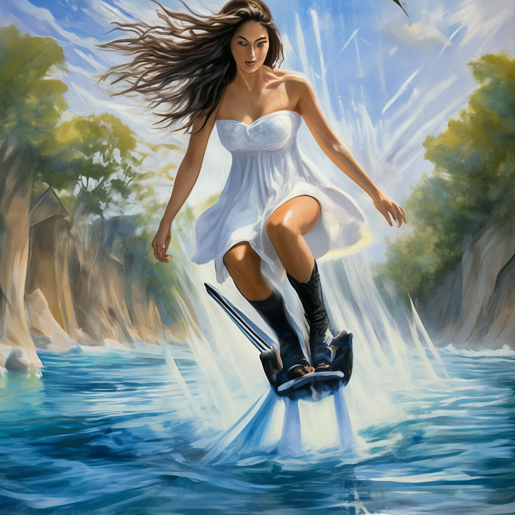 Гидрофлайт, девушка высоко над водой…» — создано в Шедевруме