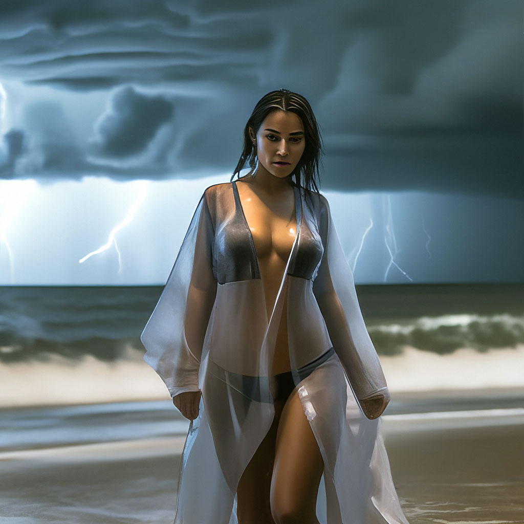 Девушка на пляже в прозрачном купальнике (43 фото)