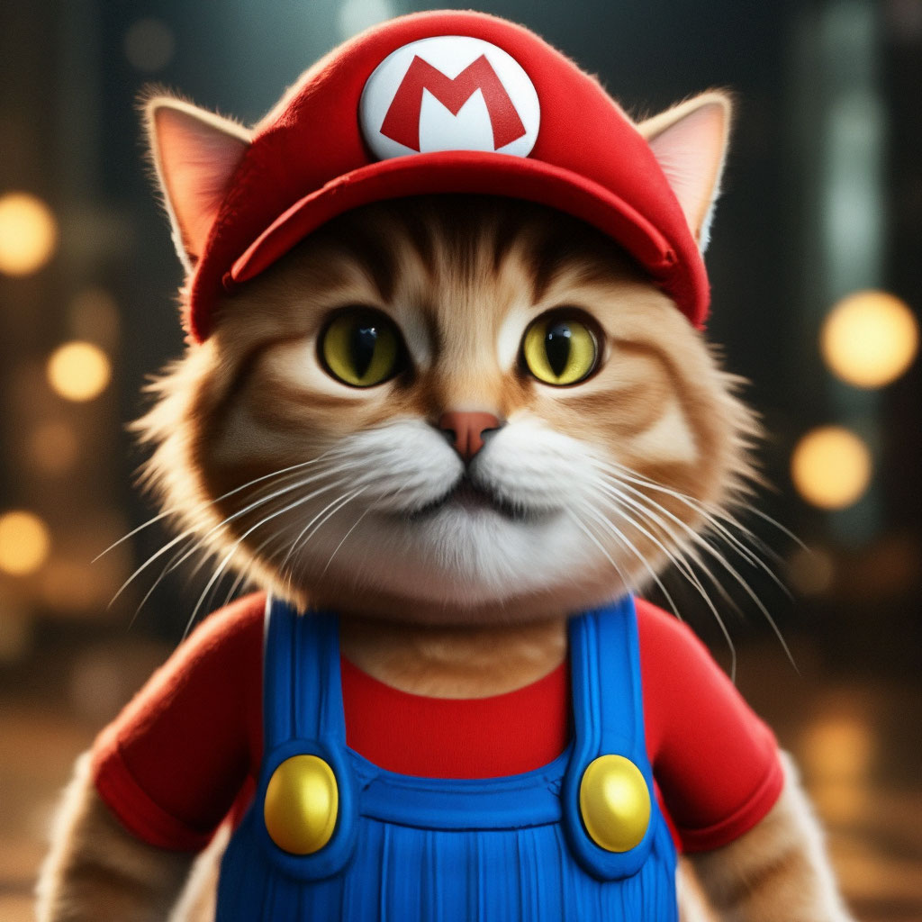 A cat in a Super Mario costume is image created in Shedevrum