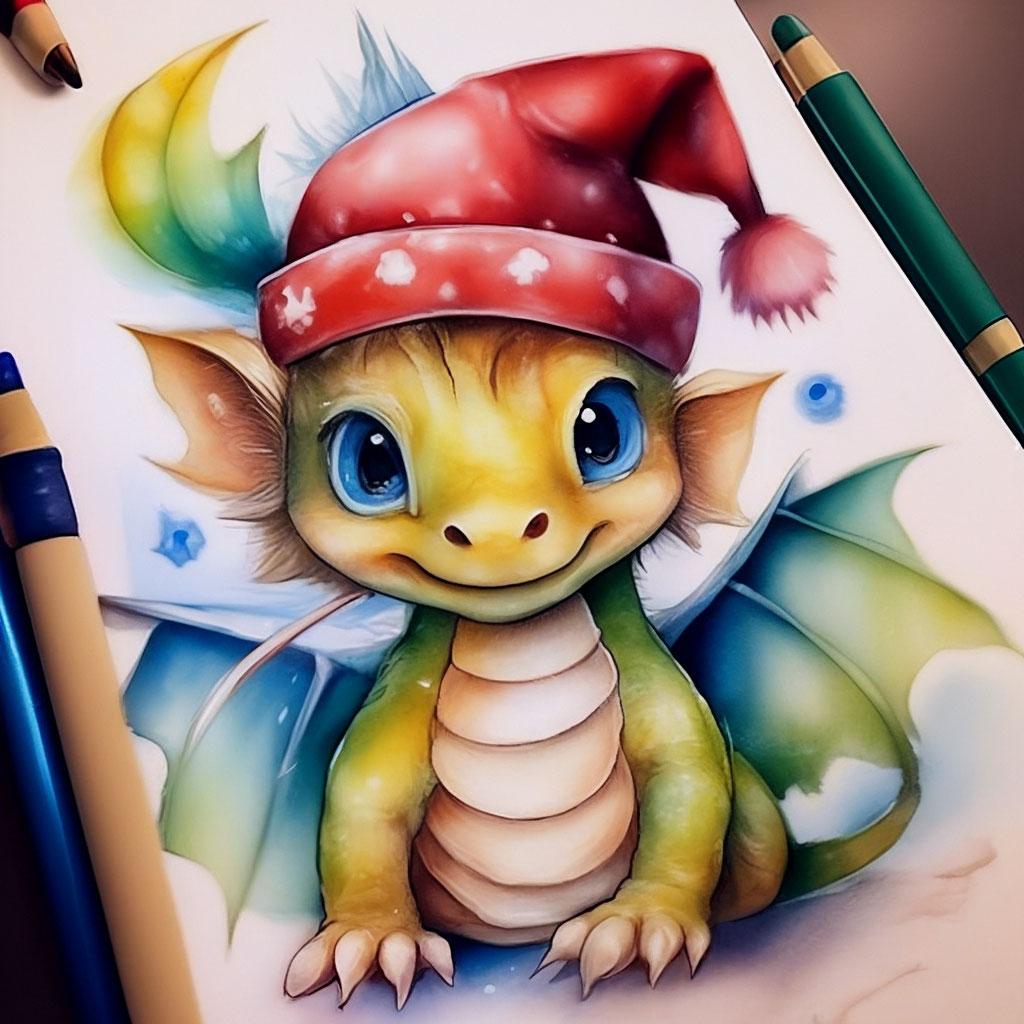 Картина «Новогодний маленький дракончик с подарком. С новым годом 2024»