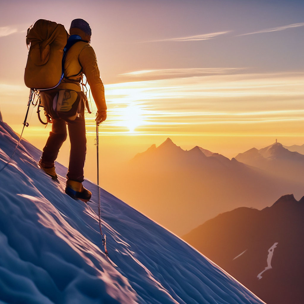 Climber climbs a mountain peak, …" — created in Shedevrum