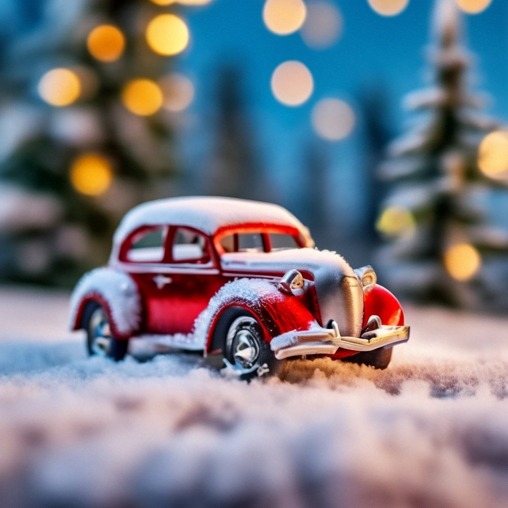 Старая красная машина в снегу» — создано в Шедевруме