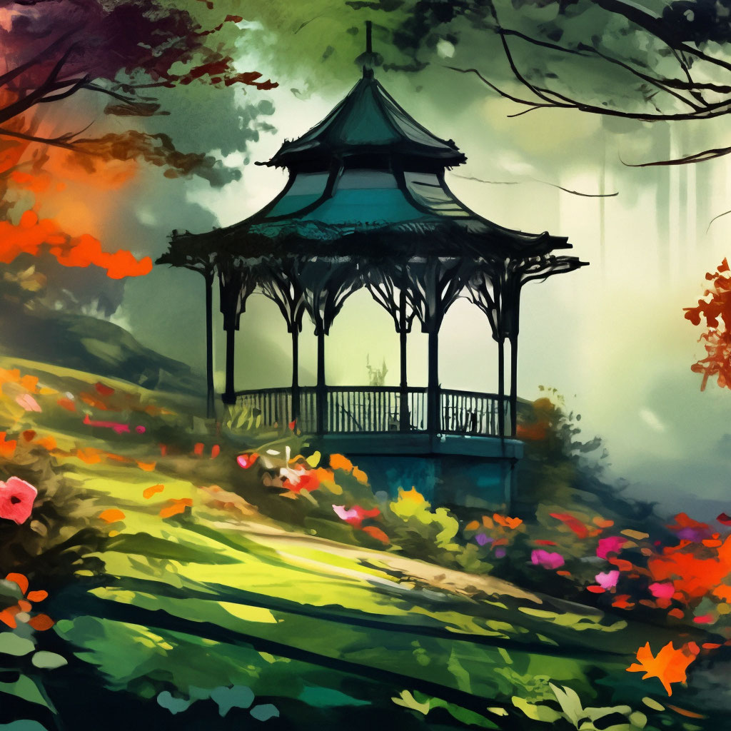 Рисунок беседки, окруженной цветами и деревьями