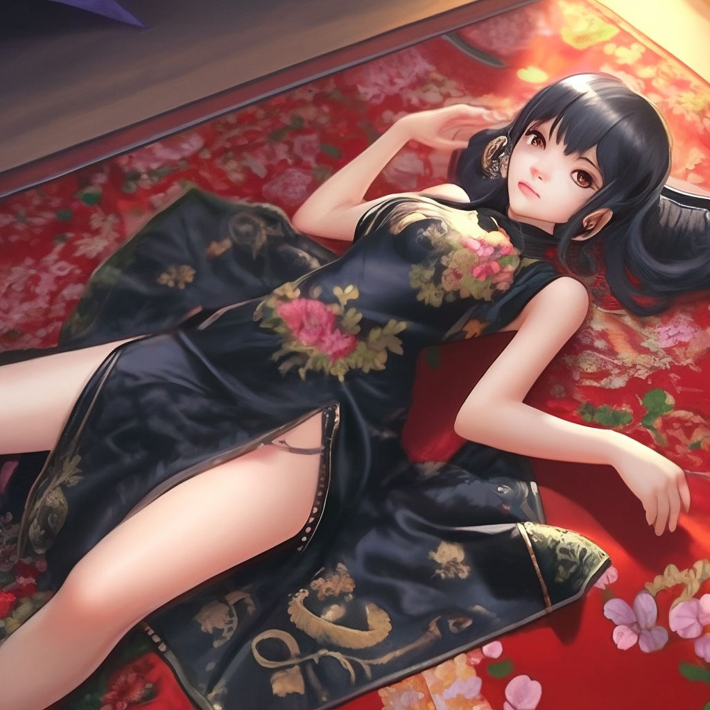Anime girl in black with a wicked embroidery in a short Chinese mini dress,  "  image created in Shedevrum