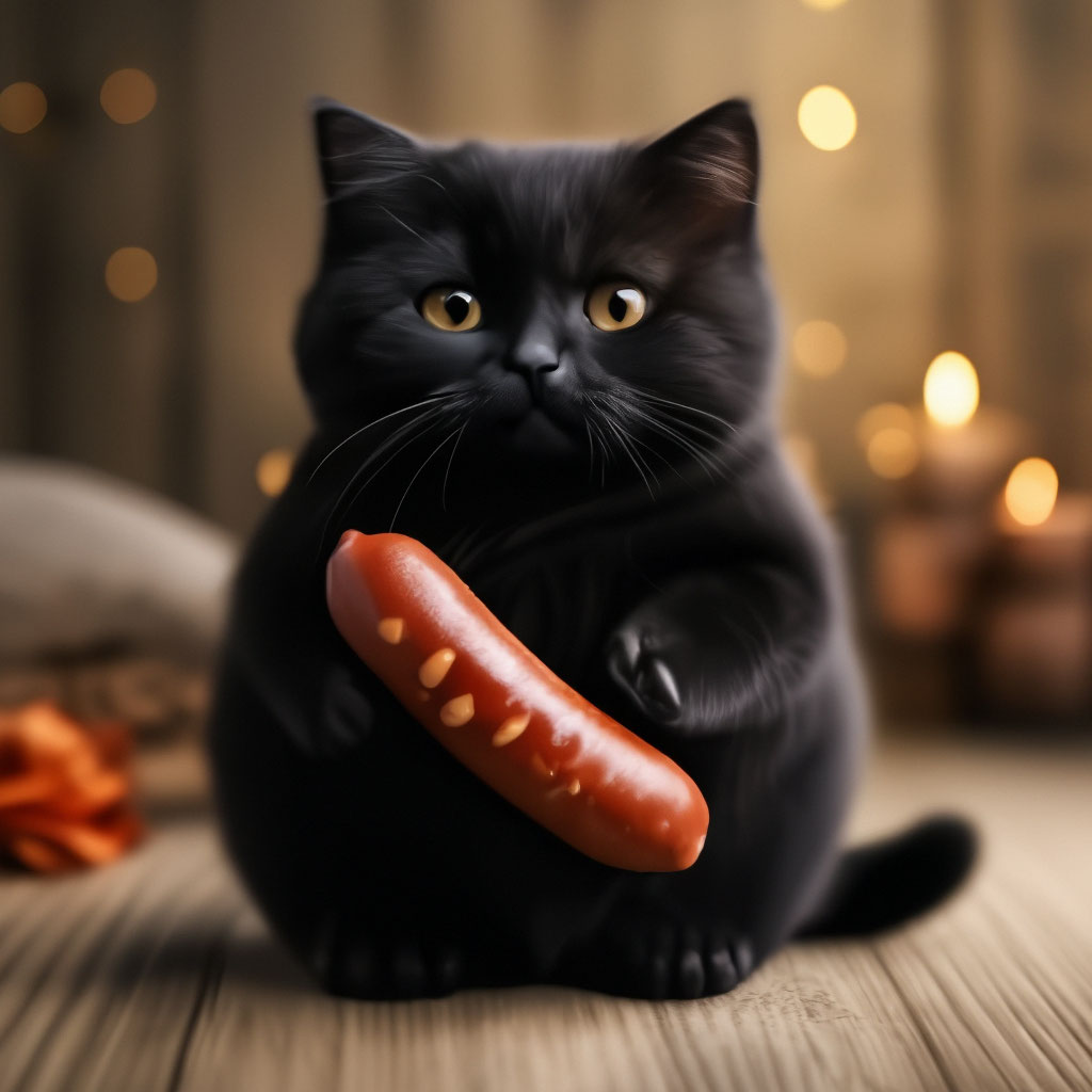 Милый толстый черный кот с сосиской…» — создано в Шедевруме