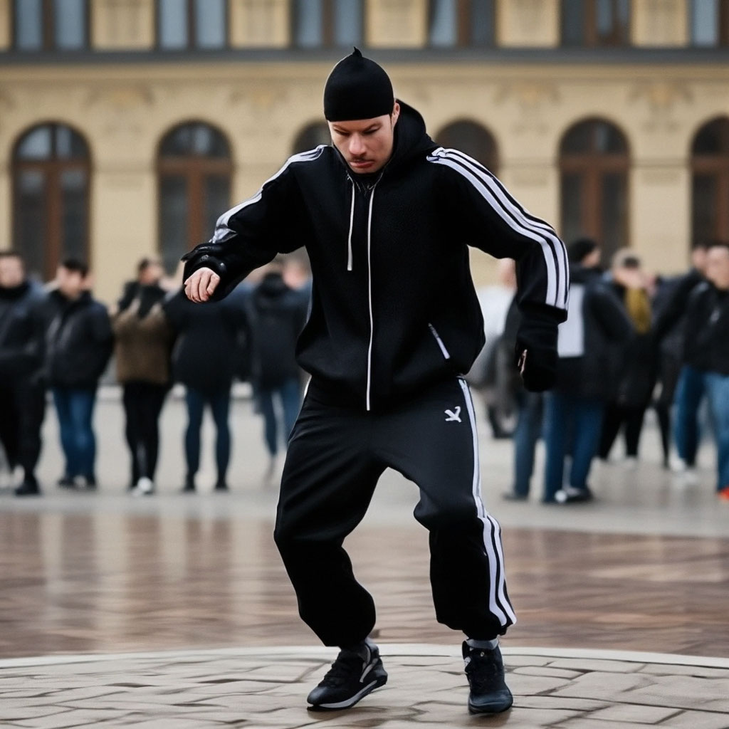 A gopnik in an Adidas tracksuit in a image created in Shedevrum