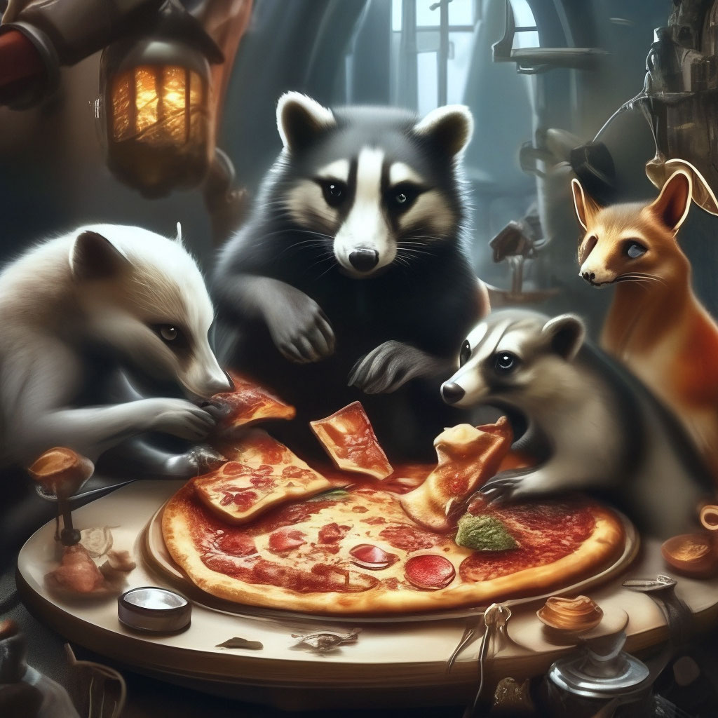 Животные едят пиццу с насекомыми, …» — создано в Шедевруме
